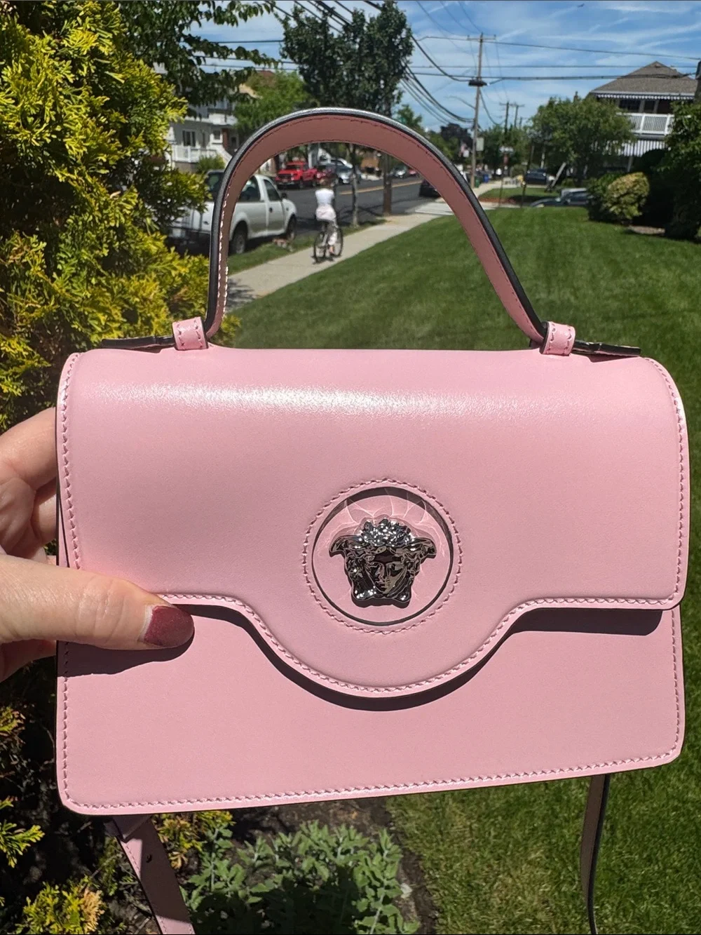 Versace Pink Leather Top-Handle Satchel with Silver Medusa, Calfskin Leather .Sm - Picture 8 of 12